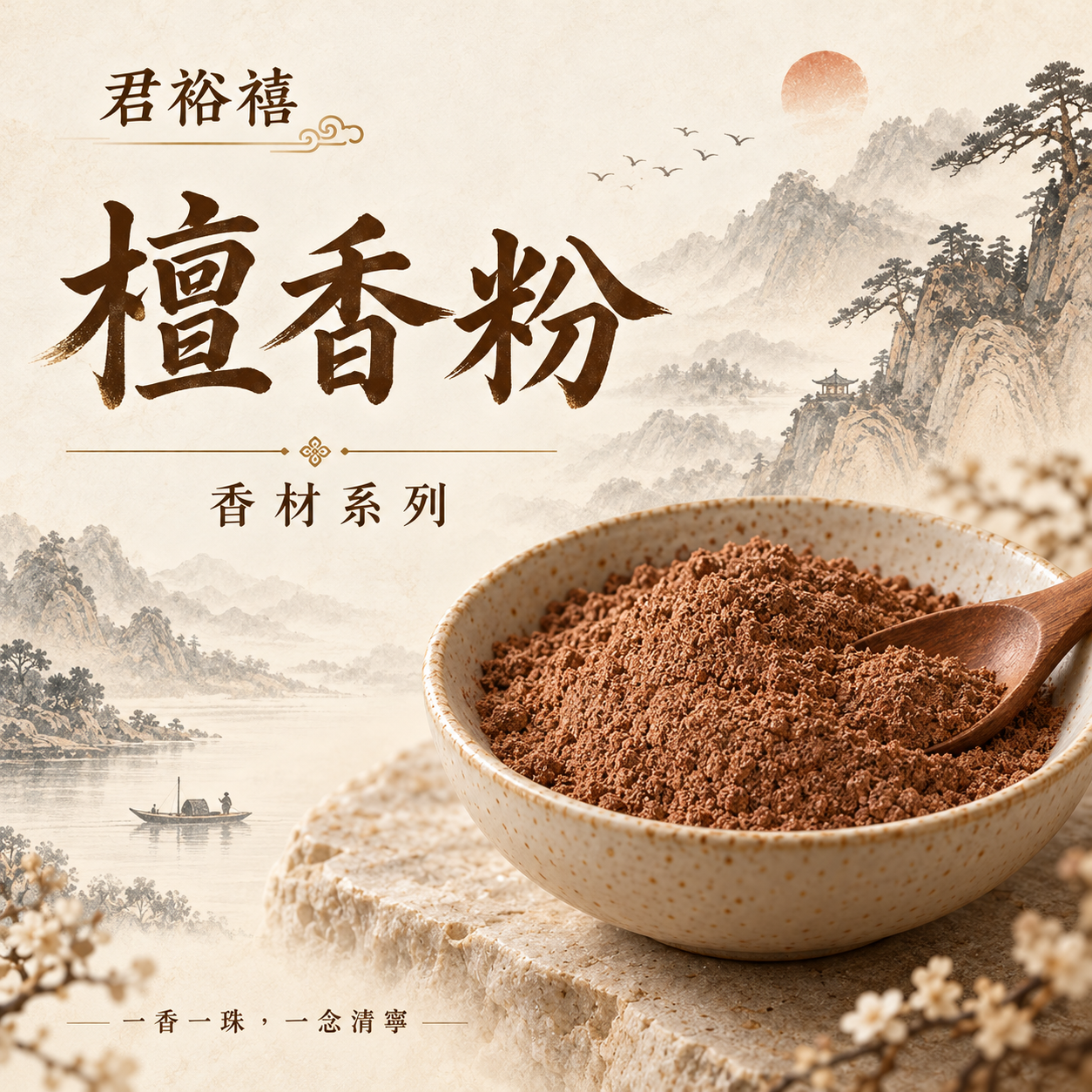 君裕禧檀香系列入口：檀香粉與水墨山景