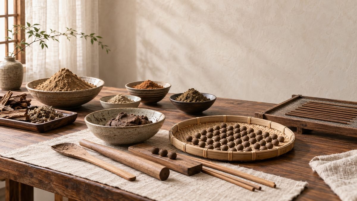 工作桌上的香材、香粉、製作工具與成形香珠，呈現製作工藝示意